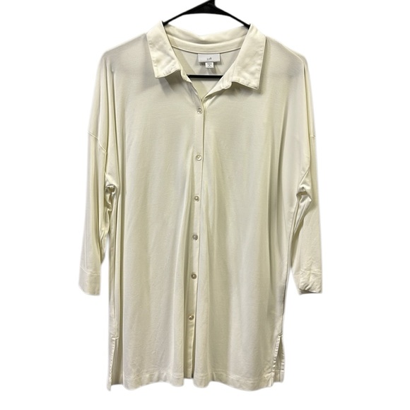 J Jill Rayon Blend Cream Stretch Button Up 3 Quarter Sleeve Tunic Blouse MP - Picture 5 of 11